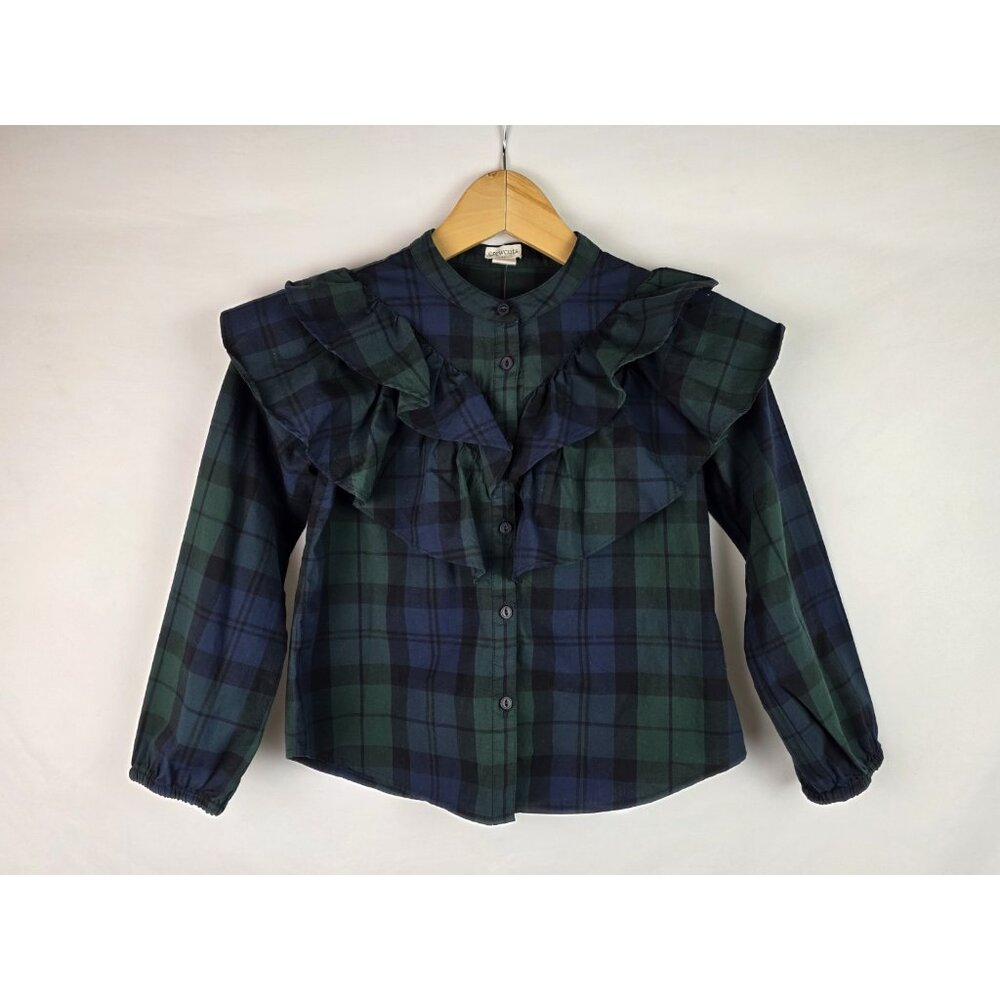 Crewcuts J.Crew Top Childs Girls Size 8 Green & Blue Plaid Ruffle Holiday Shirt